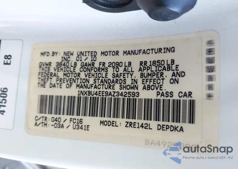 2010 Toyota Corolla Le z USA, uszkodzony, nr VIN 1NXBU4EE9AZ342593